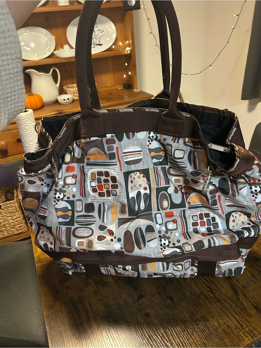 Lesportsac Geometric Pattern Tote in Brown, Gray and Cream